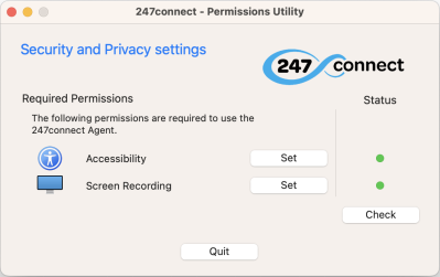 247connect Permissions Utility showing Accessibility and Screen Recording permissions, both set with green status indicators.